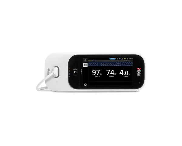 Pulse Co-Oximeter Rad-97 acoplado que muestra los parámetros Masimo rainbow SET