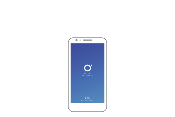 Dibujo lineal de un dispositivo móvil con la pantalla de inicio de la aplicación Masimo SafetyNet Alert