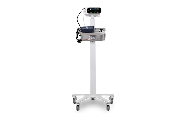 Masimo Rad-97 monitor mounted on a rolling stand with blood pressure cuff, shown as a portable patient monitoring setup.