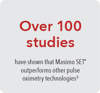 Caja con esquinas redondeadas de color gris con copia - Más de 100 estudios han demostrado que Masimo SET&reg; supera a otras tecnologías de oximetría de pulso<sup>3</sup>